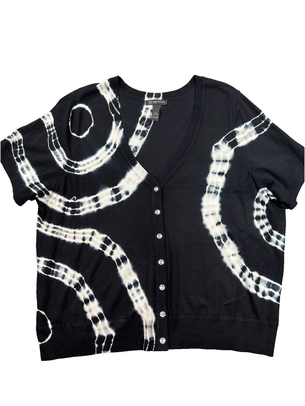 INC Size 3XL Black Short Sleeve Tie-dye Knit Top Rhinestone Buttons Hippie